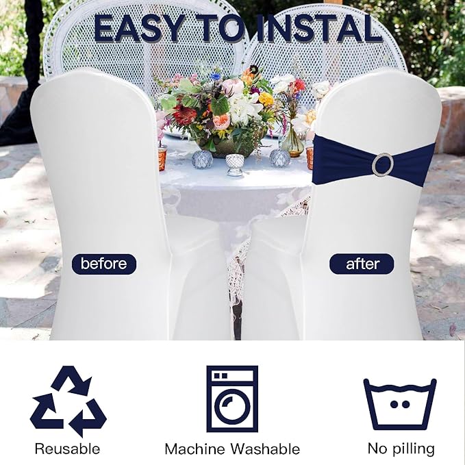 WJWHQ 100PCS Spandex Stretch Chair Sashes Bows Elastic Chair Cover Bands Ties with Buckle Slider for Wedding Party Reception Events Universal Ceremony Banquet Decorations(Navy)