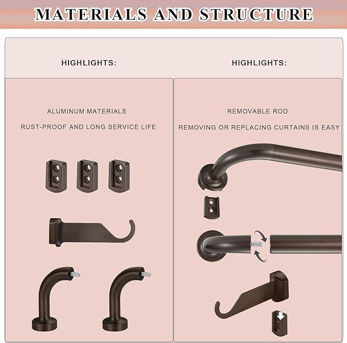 Dark Bronze Curtain Rods for Windows 28 to 48",1 Inch Disc Wrap Around Curtain Rod with Aluminum Finials and Brackets,No Screw Disassembly Adjustable Blackout Curved Room Darkening Curtain Rod