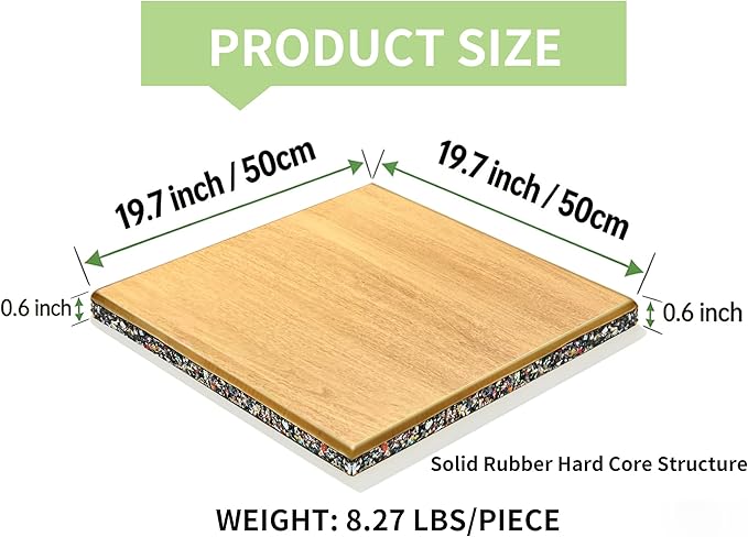 Goodhoily Wood Grain Solid Rubber Floor Mat, 19.7 x 19.7 Inch, 3/5 Inch Heavy Duty Strength Training Equipment Shock Absorbing Pad (1, Light Oak Wood Grain Solid Rubber mat)