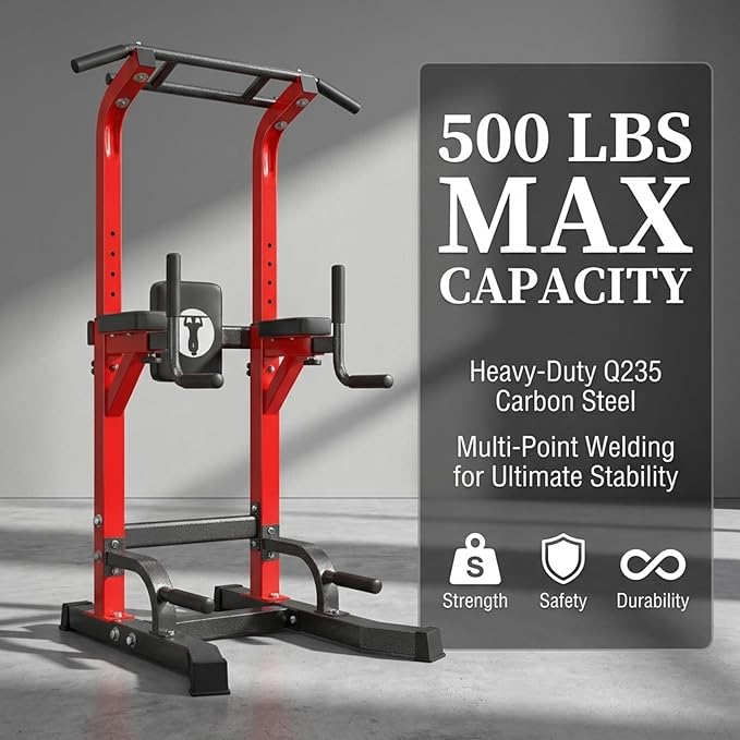 Power Tower Pull Up Bar Dip Station, Free Standing Pull Up Rack Dip Station for Home Gym, 10-Level Adjustable Height Pull Up Bar Stand Dip Bar Strength Training Workout Equipment