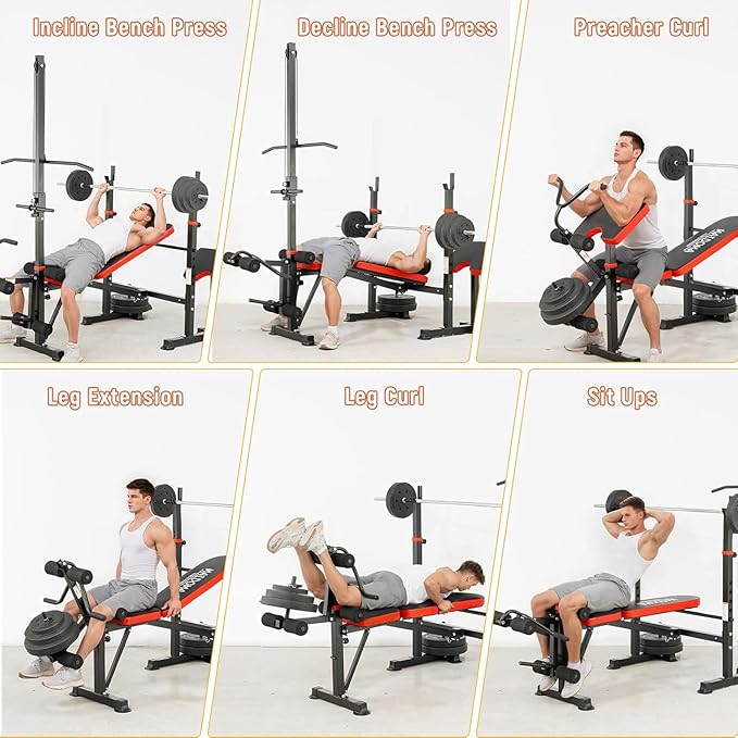 Foldable 1500LBS 8 IN 1 Olympic Weight Bench Set with Squat Rack, Leg Extension/Curl & Preacher Curl, Adjustable Bench Press Set with Safety Bar Catches for Home Gym Full Body Workout