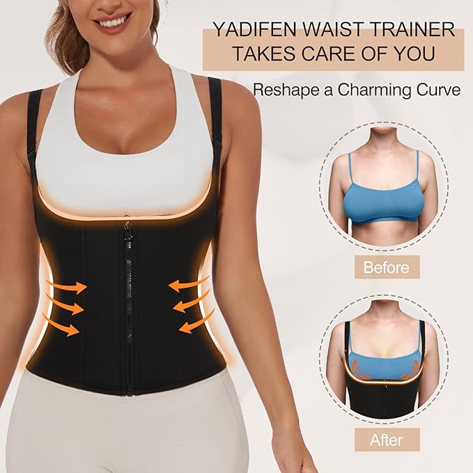 YADIFEN Waist Trainer for Women,Zipper Corset Body Shaper for Tummy Control Neoprene Cincher Sweat Sauna Vest Tank Top