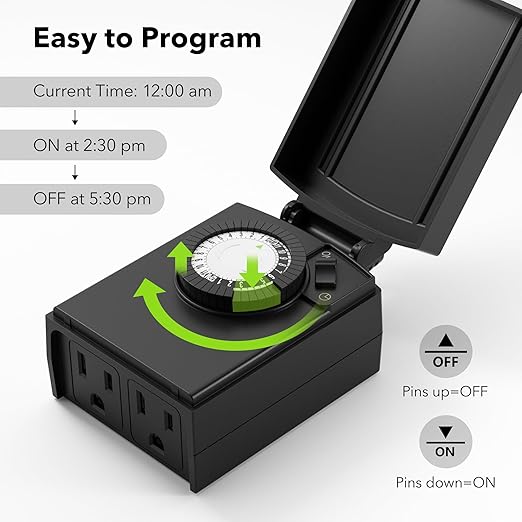 BN-LINK 24 Hour Heavy Duty Mechanical Timer, Outdoor Timer Outlet Waterproof with 30 Minutes Intervals, 2 Grounded Outlets for Christmas Lights Pool Pump,15A 1/2HP, ETL Listed（2 Pack）