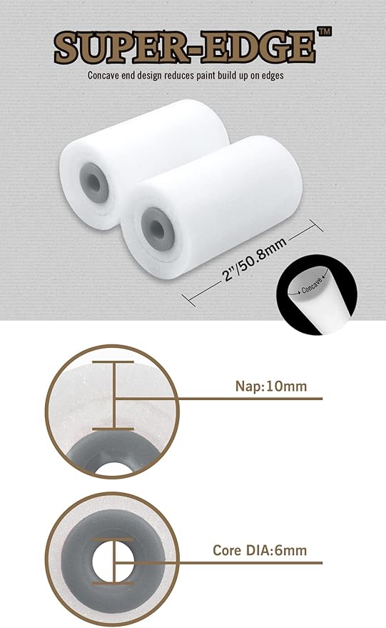 ROLLINGDOG 2 Inch Mini Foam Paint Roller Covers - Concave Design High Density Foam Roller Refills 8PC for Smooth Even Painting