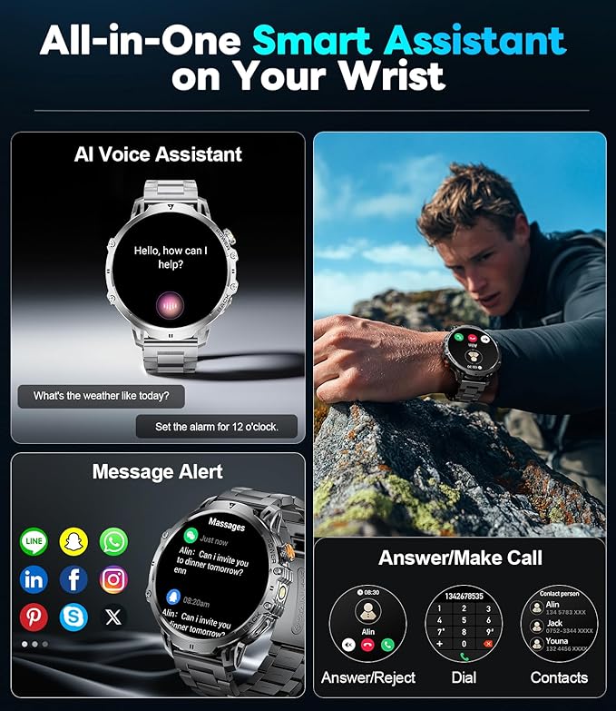 LIGE Military Smart Watches for Men(2 Bands),1000mAh/1.85" HD Large Screen Smartwatch, Flashlight/110+ Sports Modes/IP68 Waterproof/Sleep Monitor, Fitness Tracker Watch for Android iOS,Matte Black