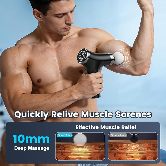 2-in-1 Detachable Back Massage Gun, Deep Tissue Percussion Massager with Long Handle for Self Back, Shoulder & Neck Relief, Handheld Muscle Massager with Strong Vibration, 12 Speeds, 4 Heads