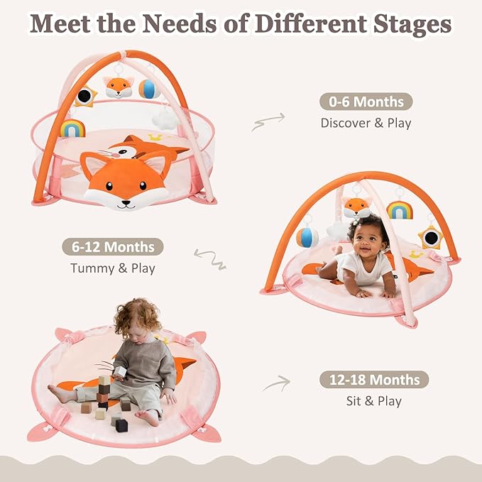 7-in-1 XL Large Baby Play Gym Mat, Tummy Time Mat, Baby Gym & Ball Pit, Baby Activity Mat with Milestone Cards & 6 Detachable Toys for Sensory Motor Skill, Fox