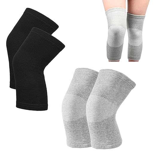 Premium Bamboo Knee Compression Sleeve, 2 Pair Slip-One Knee Support, Elastic Warm Knee Brace for Knee Pain, Joint Recovery, Sports, Daily Wear for Adults(Black+Gray, Large)