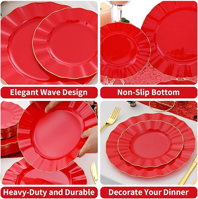 60Pcs Heavy Weight Red Plastic Plates with Gold Trim, Heavy Duty Red and Gold Christmas Plates, Elegant Disposable Plate Sets include 30 Dinner & 30 Dessert Plate for Party