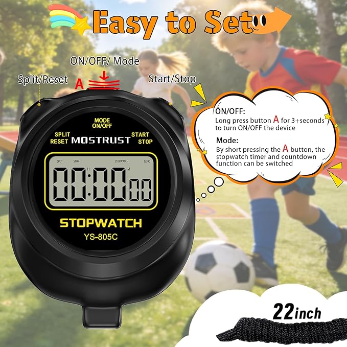 Digital Simple Stopwatch Timer, Single Lap Countdown Timer with On/Off, AAA Battery (Included) for Kids Students Coaches, Black