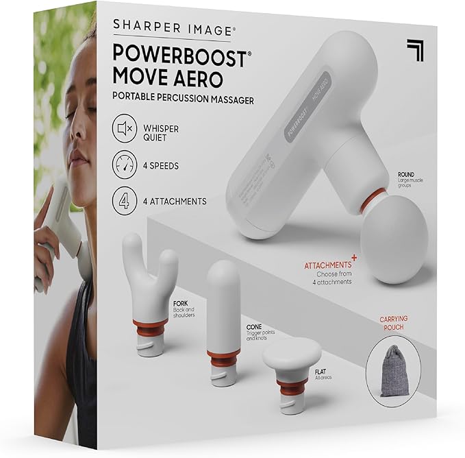 Sharper Image Powerboost Move Aero [New 2026 Version] Mini Deep Tissue Percussion Massage Gun| Muscle Recovery & Pain Relief Massage Tool| Full Body Back & Shoulder Massager| Travel Gift for Men Women