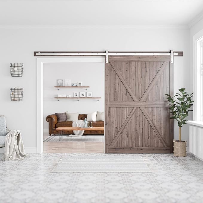 SMARTSTANDARD 10 Feet Brushed Nickel Barn Door Hardware Kit-Heavy Duty Sliding Track-Smoothly and Quietly-Easy to Install-Fit 60" Wide Door Panel (J Shape Hanger)
