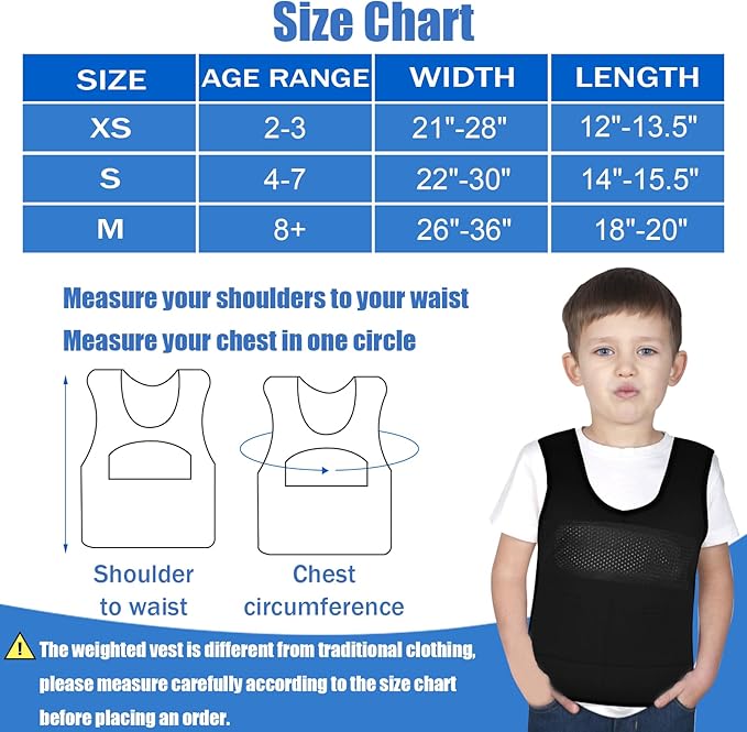 Weighted Vest for Kids (Extra Small, Ages 3 to 4) Compression Vest for Kids, Including 6 Removable Weights Black