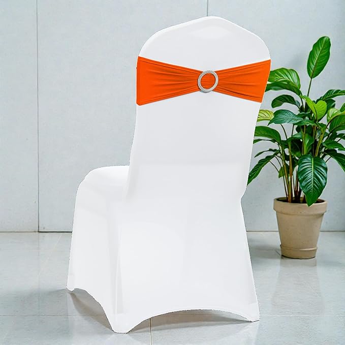 MDS Pack of 150 Spandex Chair Sashes Bows Universal fits Elastic Stretch Chair Bands Ties with Buckle Slider Bow for Wedding Decoration Spandex Slider Sashes Bow - Orange