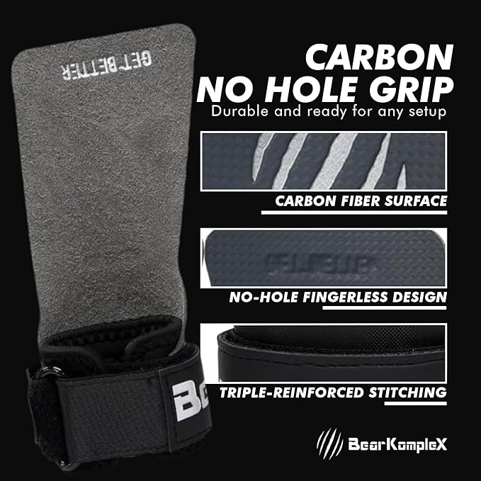 Bear KompleX No Hole Carbon Hand Grips - Non-Slip Fingerless Gymnastics Grips for Weight Lifting, Pull-ups & Cross Training | Lightweight, Padded Wrists & Foldable Grip.