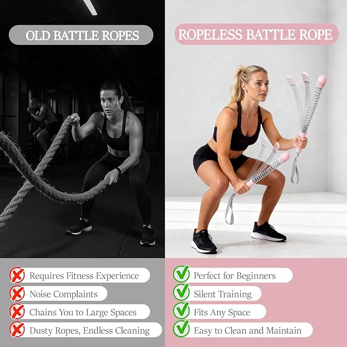 Ropeless Battle Ropes for Exercise Workout Rope, Portable Workout for Home Gym, Exercise Battle Ropes for HIIT Workouts, Low-Impact Cardio Training (Pink with Ring)