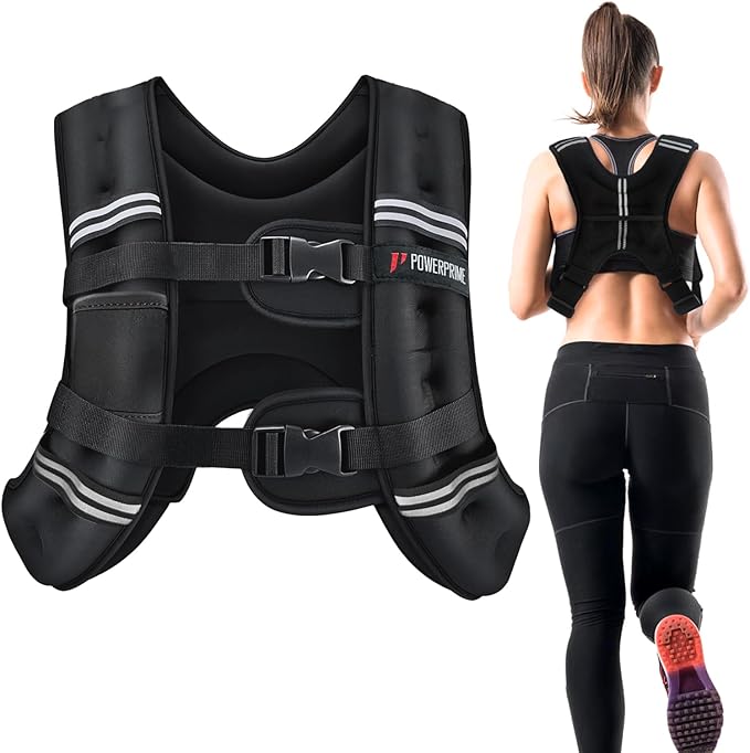 PowerPrime® Weighted Vest 11 lbs (5 kg) – Adjustable, Unisex Fitness Vest for a Comfortable Fit on All Body Types, Plus-Size – Neoprene Material, Reflective Strips, Mesh Pocket, For Training, Running