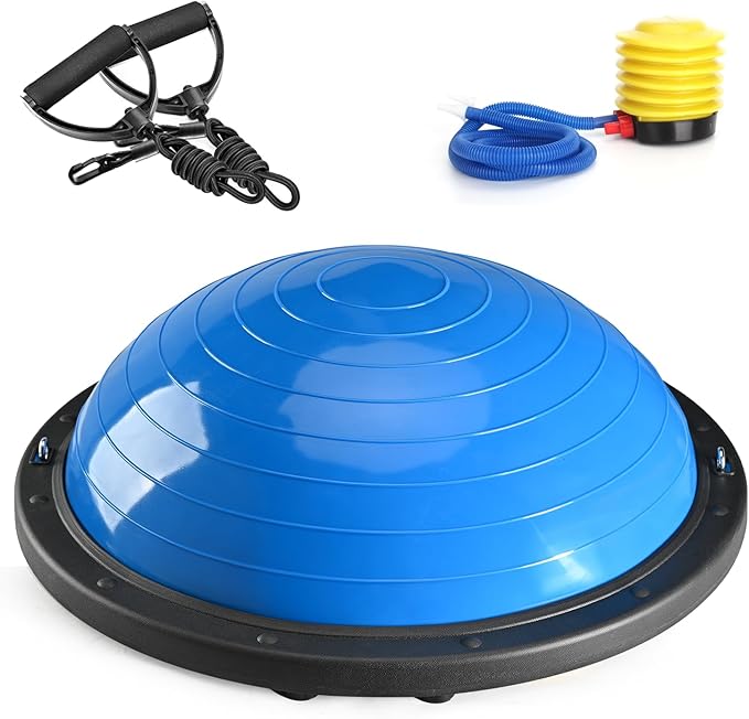 Half Balance Ball Trainer, Half Yoga Exercise Ball with Resistance Bands and Foot Pump, Balance Trainer for Stability Training, Strength Exercise Fitness, Home Gym Workout Equipment