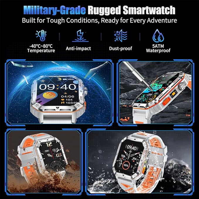 Military Smart Watch for Men, 2.01” Fitness Tracker with 1200mAh Battery Life, Bluetooth Calling, Flashlight, 5ATM Waterproof, Heart Rate & Sleep Tracking, 110+ Sports Modes for Android & iPhone