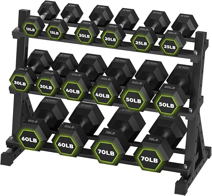 HANDBODE Hex Dumbbell Set with Rack, 300-840 lb Rubber Coated Fixed Weights Sets with Heavy Duty Storage Stand, Hexagon Shape for Stable Placement, Home Gym Equipment for Strength Training