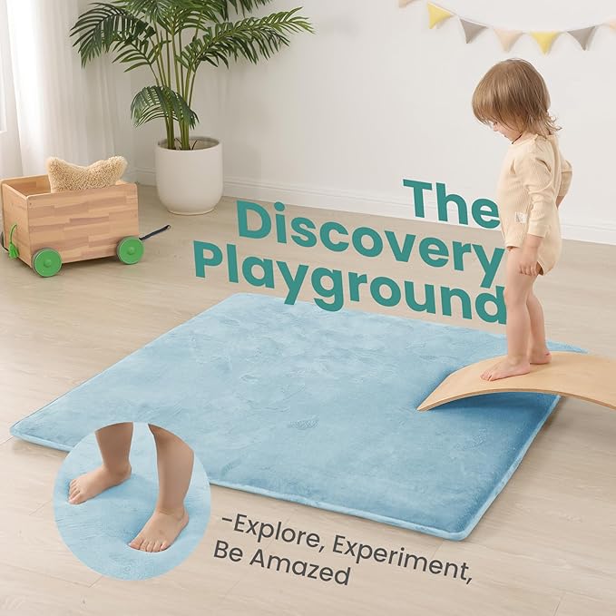 Huloo Sleep Baby Play Mat for Floor,1.3" Thick Elasti-Foam 50"×50" Playpen Mat for Tummy Time,Water Repellent Soft Coral Velvet for Toddler,Infant,Kids,Non-Slip Backing Safe for Crawling(Light Blue)