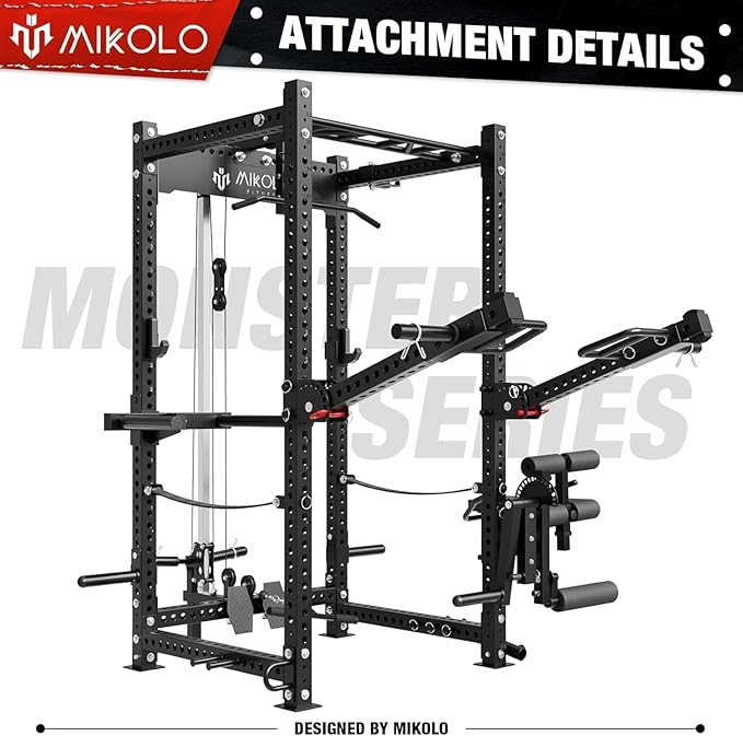 Mikolo 3"x3" Power Cage, Multi-Function Power Rack with LAT Pull Down Pulley System, Commercial Squat Rack for Home Gym with 3x3 Attachment, 1500 lbs Weight Capacity