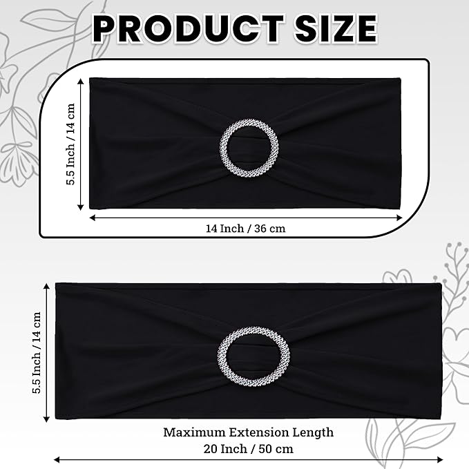 VDS - Black | Spandex Chair Sashes Bows | 10 PCS | Stretch Elastic Banquet Universal Folding Chair Band Tie with Silver Buckle Slider for Wedding Party Conference Celebration Event Decoration