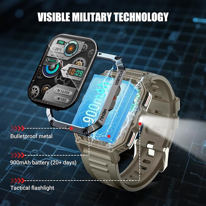 Military Smart Watch for Men (Answer/Make Calls), 2.01" Fitness Watch Tracker with 100-Day Battery/Flashlight/Compass/Heart Rate/120+ Sports Modes/IP68 Waterproof Smartwatch for iOS Android(2 Straps)
