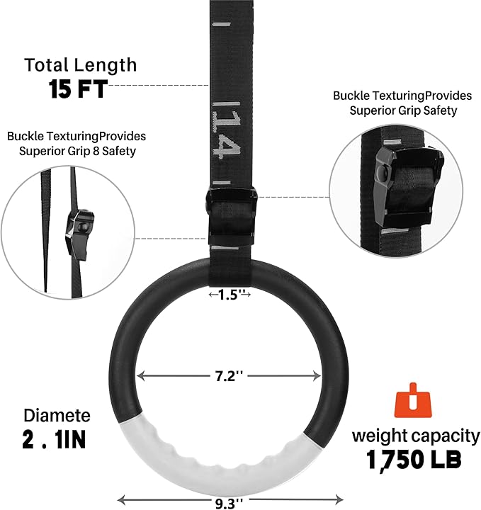 Teamaze Gymnastic Rings with 15 FT Adjustable Straps Non-Slip Gymnastics Rings Pull Up Workout Rings for Home Gym Exercise, Training