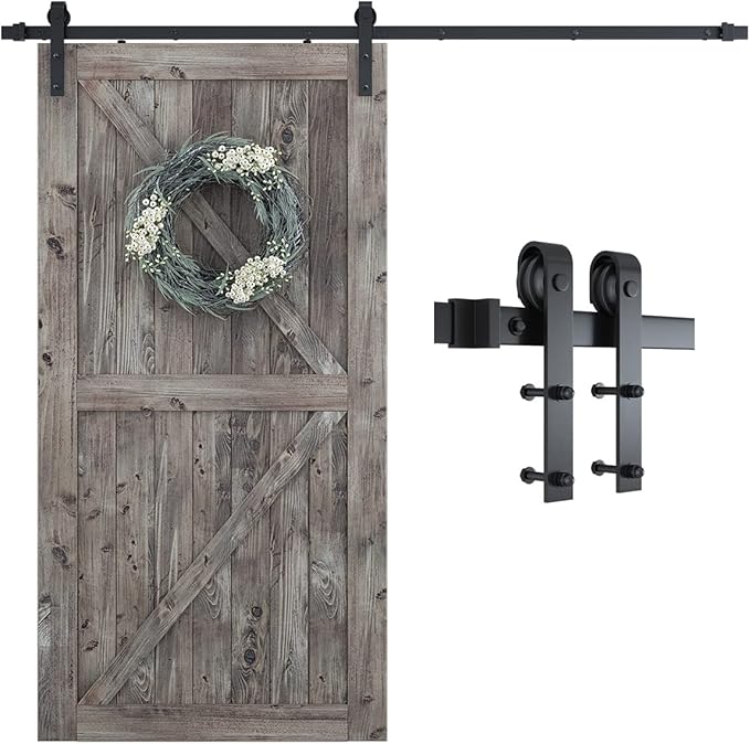 SMARTSTANDARD 7FT Sliding Barn Door Hardware Kit, Heavy Duty Track-Smoothly and Quietly-Includes Detailed Installation Instruction Fit 42" Wide Doorpanel (J Shape Hanger) Black