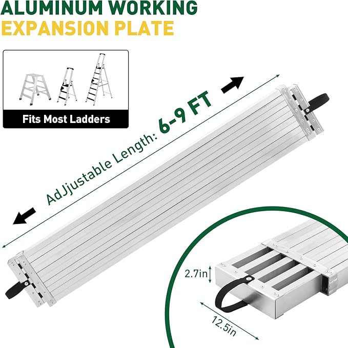 Garvee 6-9FT Aluminum Telescoping Work Plank, 12.5 inch Width Extension Plank, 440Lbs Capacity Extension Boards, Adjustable Scaffolding Plank with Skid-Proof Platform Scaffold Ladder Accessory