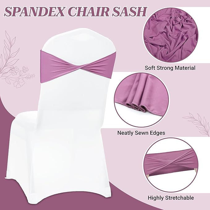MDS Pack of 125 Spandex Chair Sashes Bows Elastic Stretch Dining Chair Bands Ties Without Slider Buckle Universal fits for Wedding Baby Shower Birthday Party Banquet Event Decoration - Dusty Pink