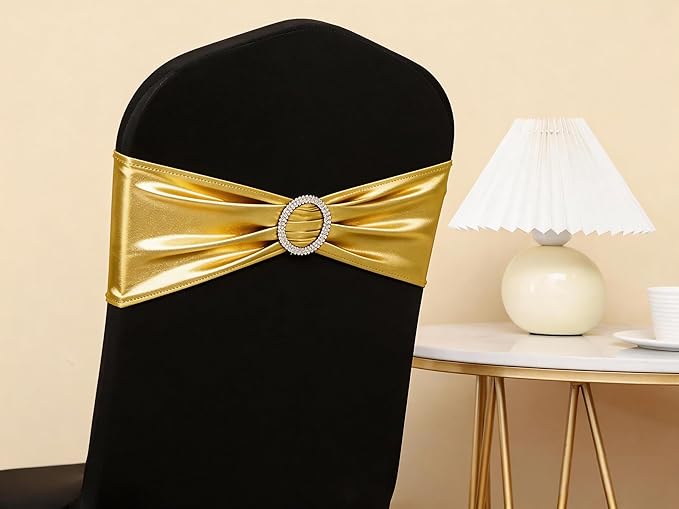 Wedding Spandex Metallic Gold Chair Sashes 100 Pack Chair Bands with Buckle Bronzing Gold Chairs Bows for Party Birthday Bridal Shower Engagement Anniversary Christmas Event Decorations