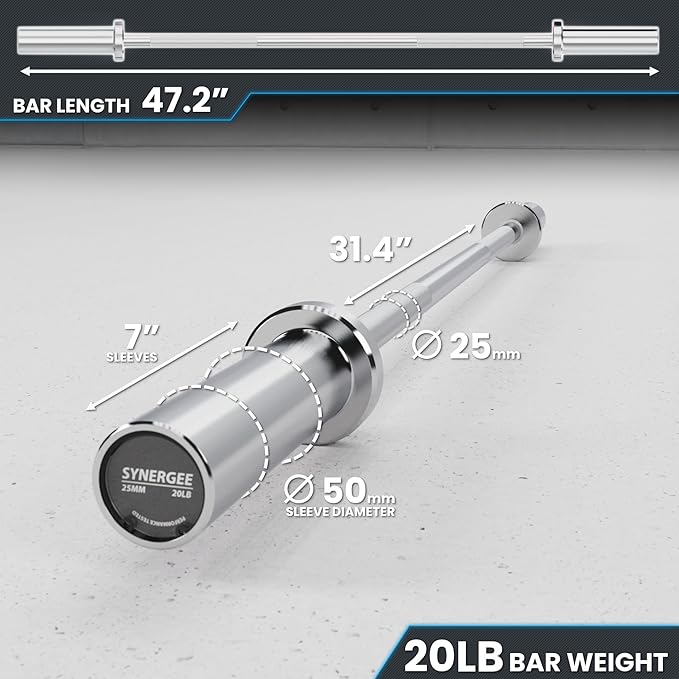 Synergee Olympic Barbell – 20LB & 25LB, 2” Olympic Weight Bar for Strength Training, Squats, Deadlifts & Bench Press – 350 LB Capacity with Magnetic Barbell Collars