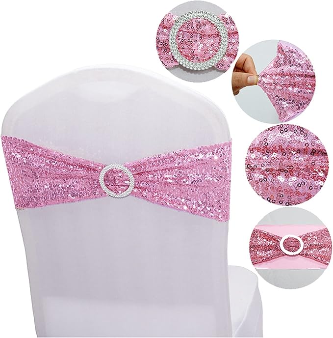 Dimatic 50 PCS Stretch Sequin Chair Sashes Chair Stretchy Spandex Bands for Wedding Reception Events Banquets Chairs Decoration (Pink)