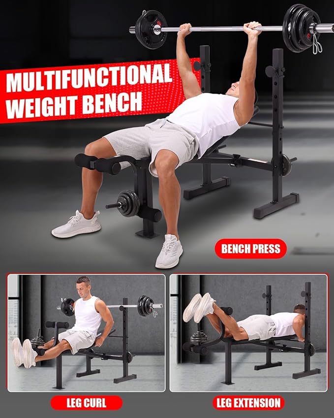 OPPSDECOR Standard Weight Bench Set with Squat Rack, 600LBS Adjustable Bench Press Set with Leg Extension and Leg Curl, Foldable Flat Incline Decline Workout Bench for Home Gym Full Body Training