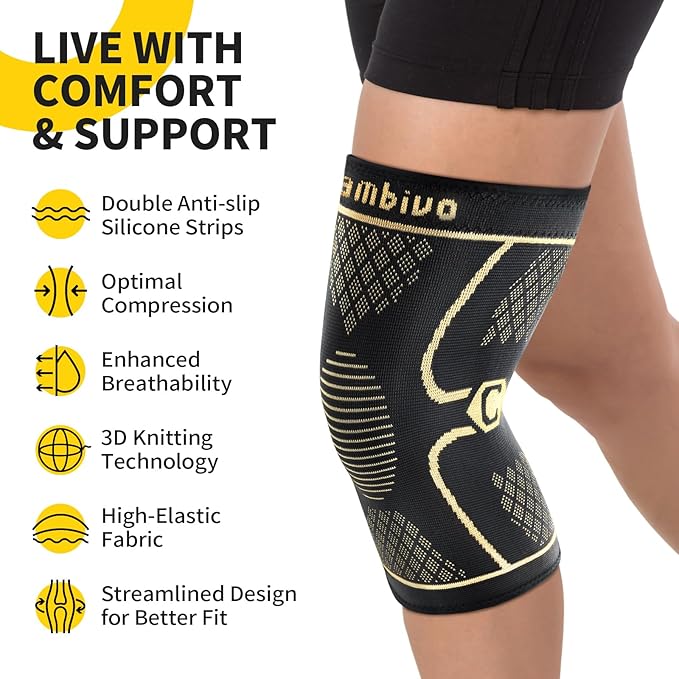 CAMBIVO Knee Brace for Women Men, 2 Pack Knee Compression Sleeve, Knee Support for Meniscus Tear, Running, Weightlifting, Workout, ACL, Arthritis, Joint Pain Relief(Gold, X-Large)