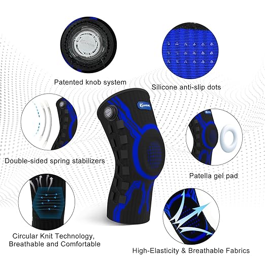 Kuangmi Knob Knee Brace for Pain Relief, Knee Support with Patella Gel Pad & Side Stabilizers, Compression Knee Sleeve for Workout, Arthritis, Joint Pain, Meniscus Tear (Blue Black,Left,Medium,Single)