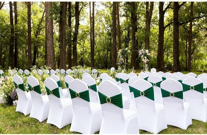 50 Pack Hunter Green Chair Sashes, Dark Green Spandex Chair Bands with Gold Buckle Slider for Christmas Forest Party Folding Chairs Birthday Décor, Green Chairs Bows Ties