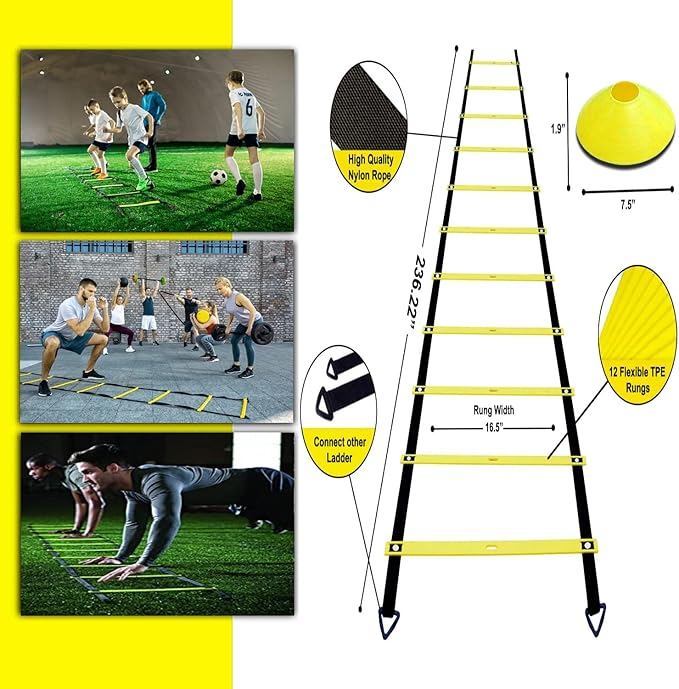 Agility Ladder Set 20ft, 4 Hurdles, 12 Soccer Cones, Jump Rope & Running Parachute - Speed Agility Training Equipment for Soccer Fitness Kids Youth Adults