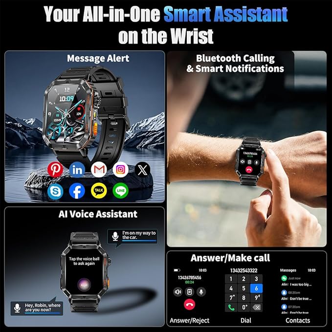 Military Smart Watch for Men, 2.01” Fitness Tracker with 1200mAh Battery Life, Bluetooth Calling, Flashlight, 5ATM Waterproof, Heart Rate & Sleep Tracking, 110+ Sports Modes for Android & iPhone