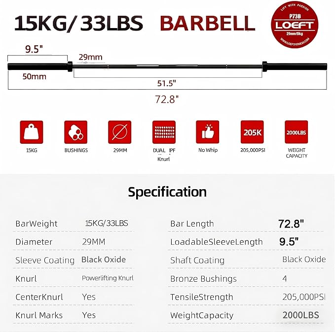 Professional Powerlifting Barbell, Aggressive Knurling 7ft/45lb Power Bar, 2000 lbs Capacity 205K PSI Weight Bar Fit 2" Plates for Bench, Squat, and Deadlift
