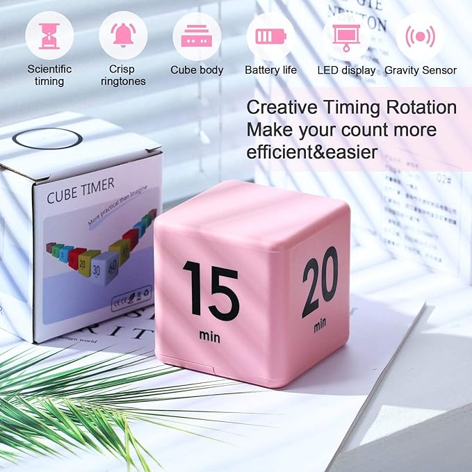 Weewooday Cube Timer, Gravity Sensor Flip Timer for ADHD Productivity, Classroom Kitchen Study Workout Cooking Desk Timers for Time Management, 15 20 30 60 Minutes Countdown Tool(Pink)