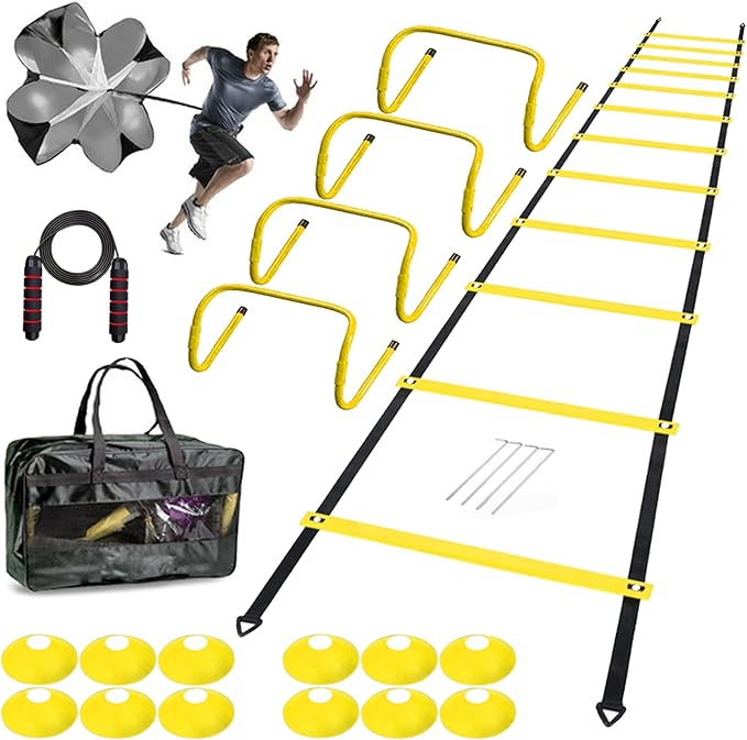 Agility Ladder Set 20ft, 4 Hurdles, 12 Soccer Cones, Jump Rope & Running Parachute - Speed Agility Training Equipment for Soccer Fitness Kids Youth Adults