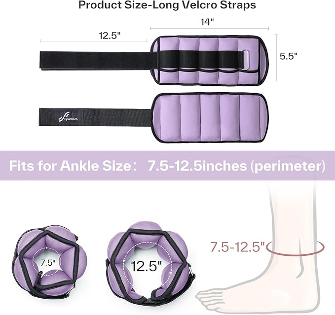 Sportneer Adjustable Ankle Weights Set - 1 Pair (2-10 lbs) Removable Sandbags for Women & Men, Comfortable Neoprene Leg Weights for Walking, Running, Pilates, Yoga, Home Workout & Physical Therapy