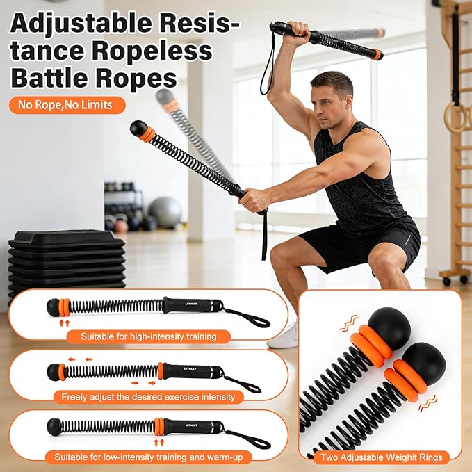 Weighted Ropeless Battle Ropes Adjustable Weight - Portable Cordless Battle Ropes for Home Gym with Workout Poster, Strength Building, HIIT & Low-Impact Cardio Training for Men & Women (Black/Orange)