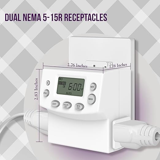 ENERLITES Heavy Duty Programmable Digital Plug-in Timer for Electrical Outlets, Timer Outlet for Lights, Lamps, Grounded Outlet, 7 Day Random, 120V 15A 1200W, HET07, White, 1 Pack