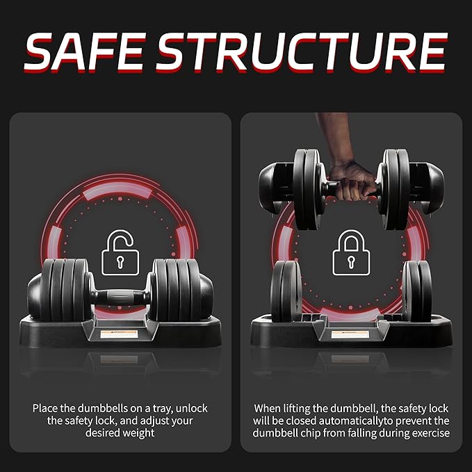 22LBS/25LBS/52LBS Single/Pair Adjustable Dumbbells Set Premium Rubber Coated Dumbbell Set with Secure Locking Mechanism for Safe & Customizable Strength Training