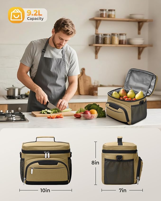 Lunch Boxs for Women/Men Insulated Lunch Bag,Leakproof Lunchbox with Adjustable Shoulder Strap for Adults,Soft Cooler Tote Bag for Office Fitness Picnic Beach Travel - Khaki 12-Can(8L)