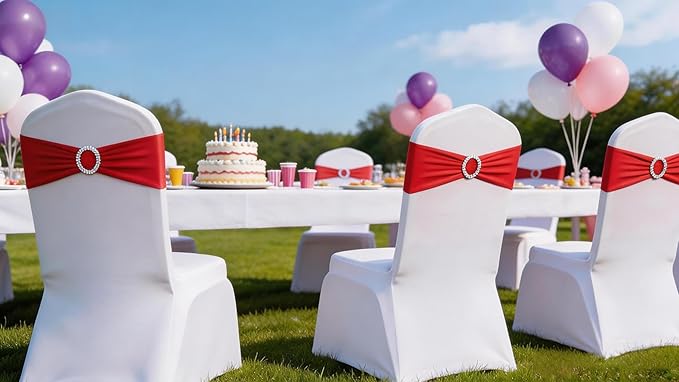 Wedding Red Chair Sashes 100 Pack Spandex Chair Bows Bands with Buckles for Party Birthday Bridal Shower Engagement Banquets Anniversary Christmas Outdoor Events Decorations (Red)